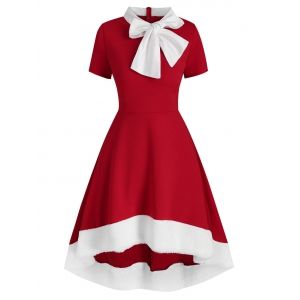 

Christmas Bow Tie Collar Faux Fur Panel Dip Hem Dress, Red