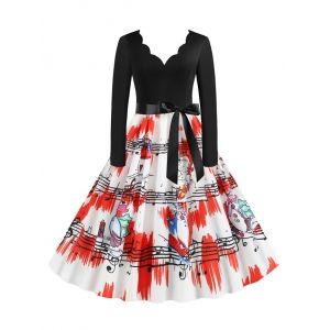 

Plus Size Christmas Printed Scalloped Flare Dress, White