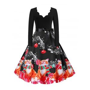 

Plus Size Christmas Printed Scalloped Flare Dress, Black