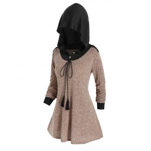 

Plus Size Drawstring Hooded Knitwear, Light brown