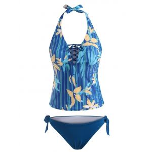 

Flower Striped Lace Up Halter Low Waisted Tankini Swimwear, Blue