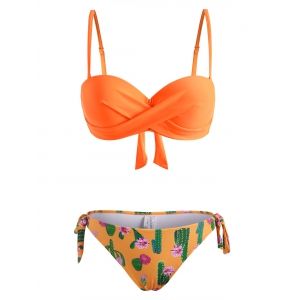 

Tie Side Cactus Flower Print Twisted Three Piece Bikini Swimwear, Dark orange