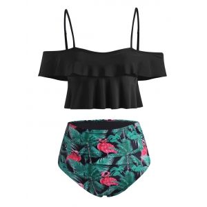 

Tropical Tree Flamingo Flounce Tummy Control Two Piece Swimwear, Black