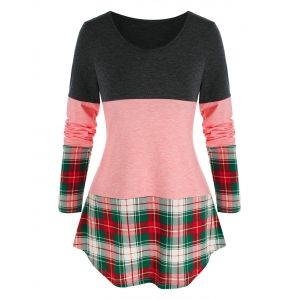

Long Sleeve Plaid Print Contrast T-shirt, Multi a