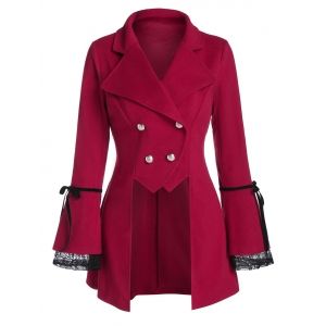 

Lace Insert Double Breasted Irregular Wool Coat, Red wine