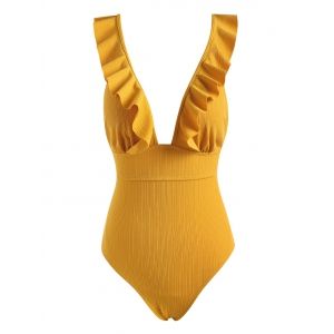 

Ruffle Lace-up Textured Ribbed One-piece Swimsuit, Deep yellow