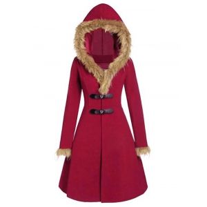 

Faux Fur Insert Buckles Long Wool Coat, Red wine