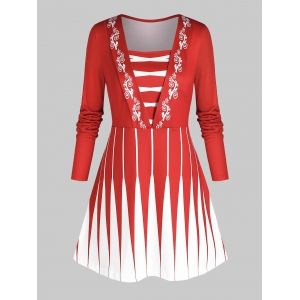 

Plus Size Printed Long Sleeve Square Neck Tunic Tee, Red