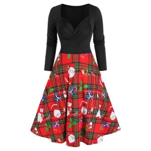 

Christmas Santa Claus Plaid Print Long Sleeve Dress, Multi a