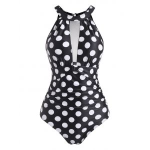 

High Neck Polka Dot Mesh Panel One-piece Swimsuit, Black