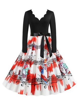 Plus Size Christmas Printed Scalloped Flare 50s Dress
