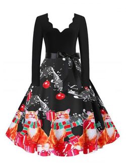 Plus Size Christmas Printed Scalloped Flare 50s Dress - BLACK - XL