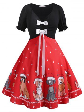 Bowknot Christmas Puppy Dog Heart Plus Size 50s Dress - RED - L