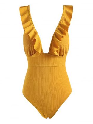Ruffle Lace-up Textured Ribbed One-piece Swimsuit