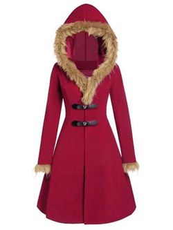 Faux Fur Insert Buckles Long Wool Coat - RED WINE - M