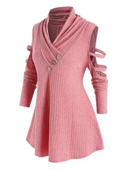 Plus Size Cut Out Sleeve Button Sweater - PINK ROSE - L