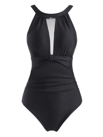 High Neck Mesh Panel Knot Ruched One-piece Swimsuit - BLACK - XL