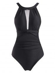 High Neck Mesh Panel Knot Ruched One-piece Swimsuit -  