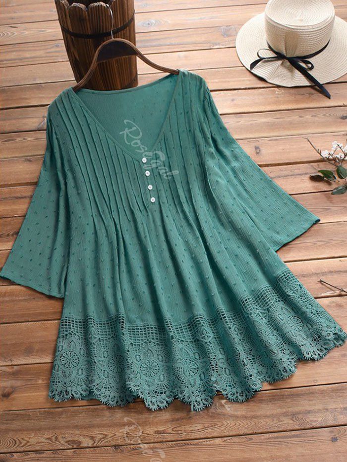 

Plus Size Lace Insert Swiss Dot Blouse, Deep green