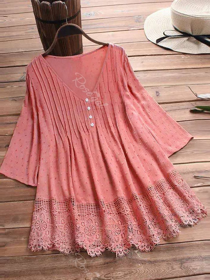 

Plus Size Lace Insert Swiss Dot Blouse, Light pink