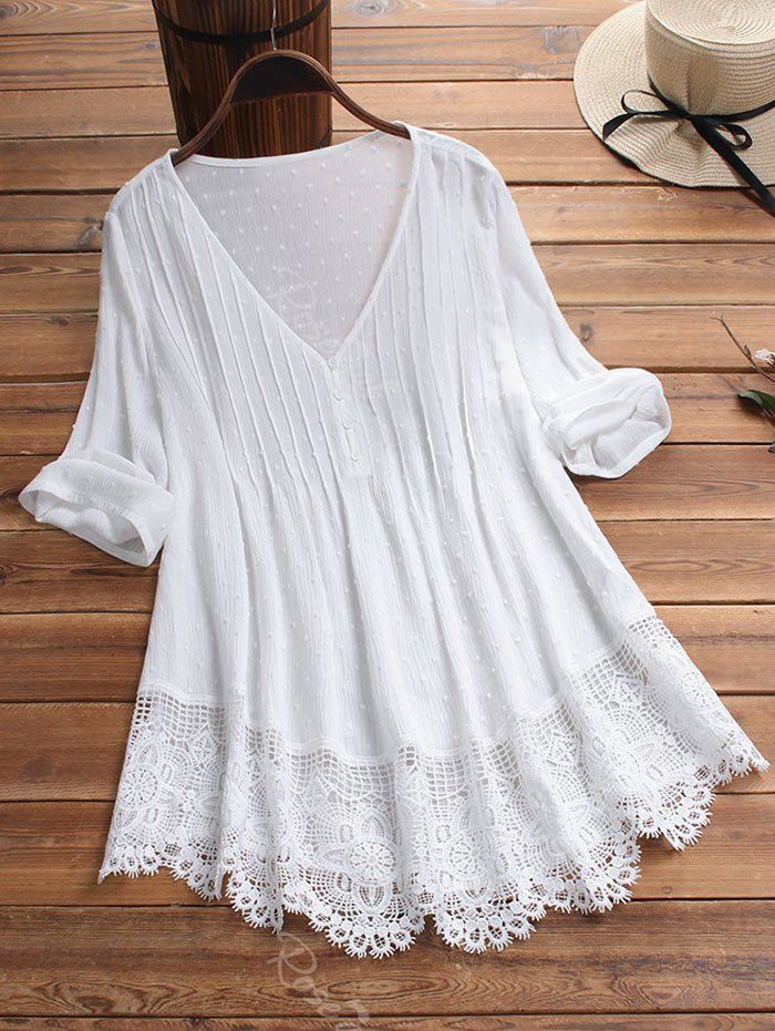 

Plus Size Lace Insert Swiss Dot Blouse, White