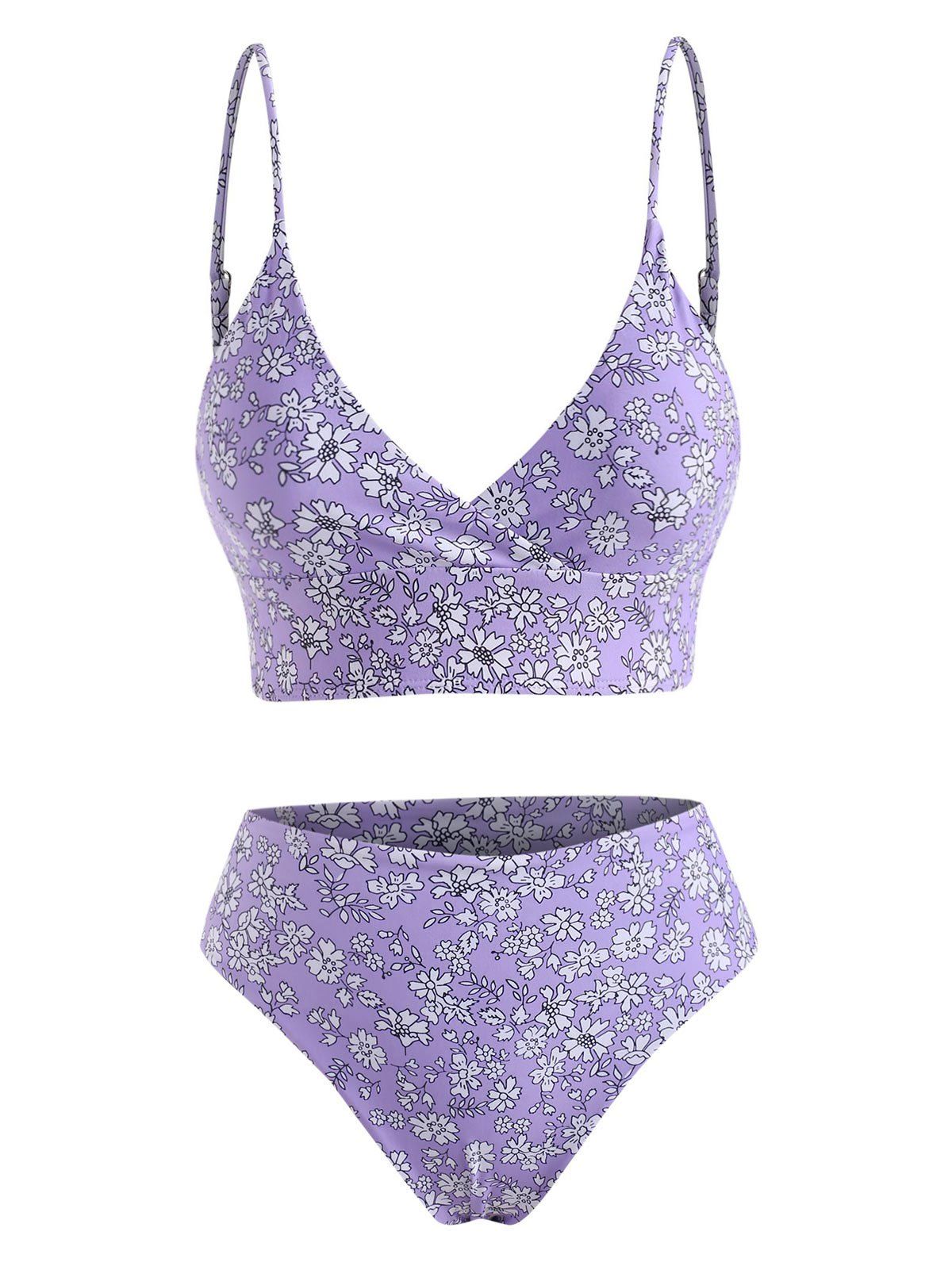 

Ditsy Print Surplice-front High Waisted Bikini Swimwear, Light purple