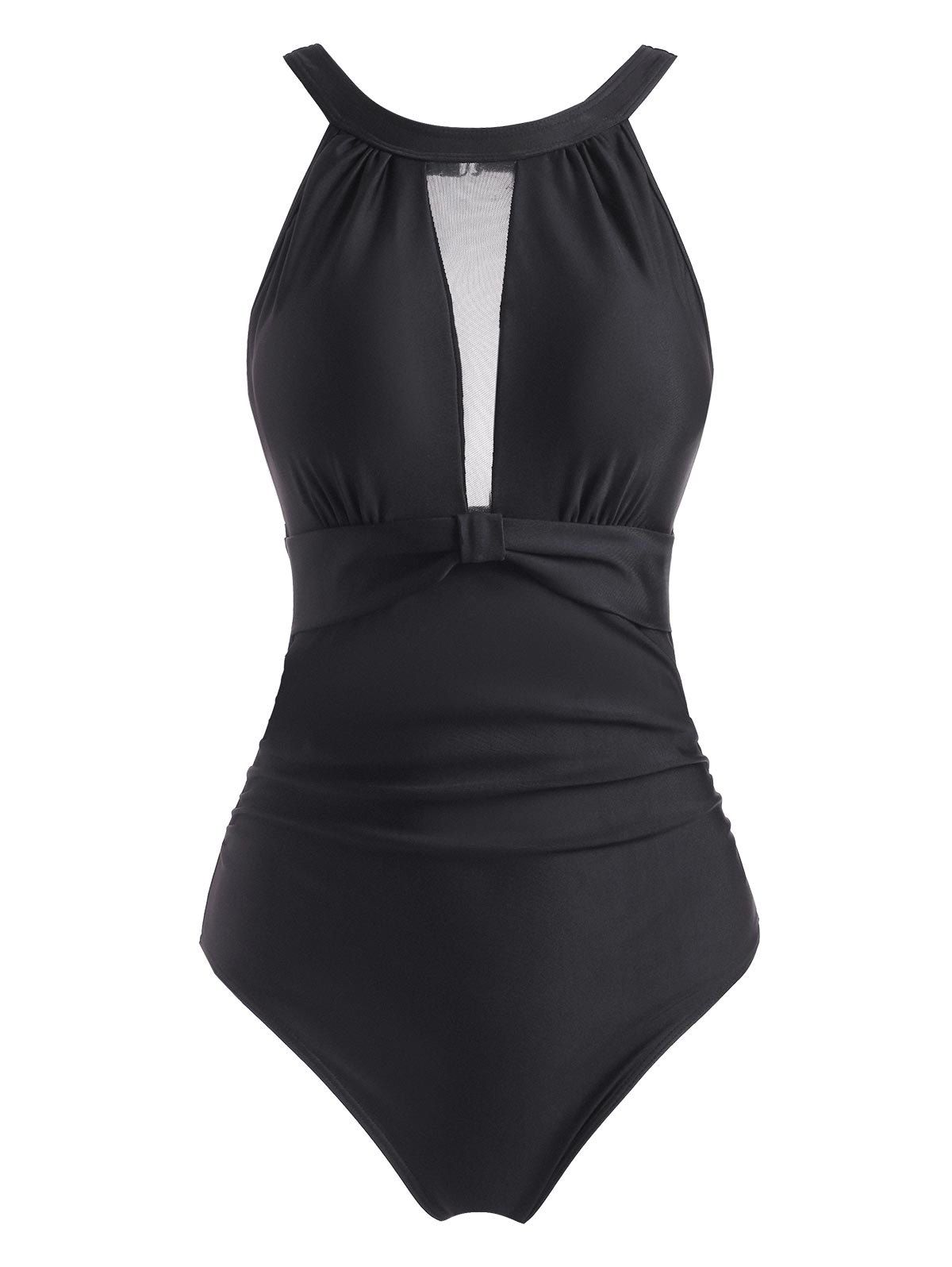 Shops High Neck Mesh Panel Knot Ruched One-piece Swimsuit  