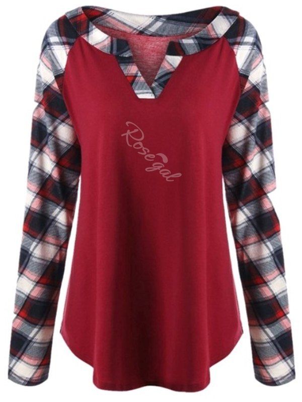 

Plus Size Raglan Sleeve Plaid T Shirt, Deep red