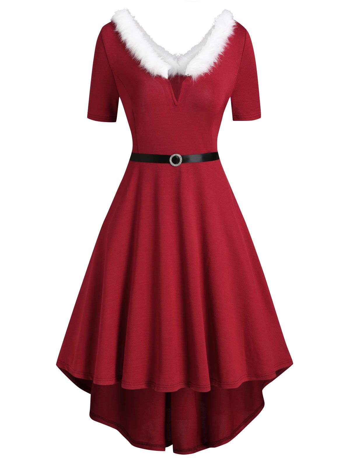 

Faux Fur Trim V-wired Knit High Low Dress, Red