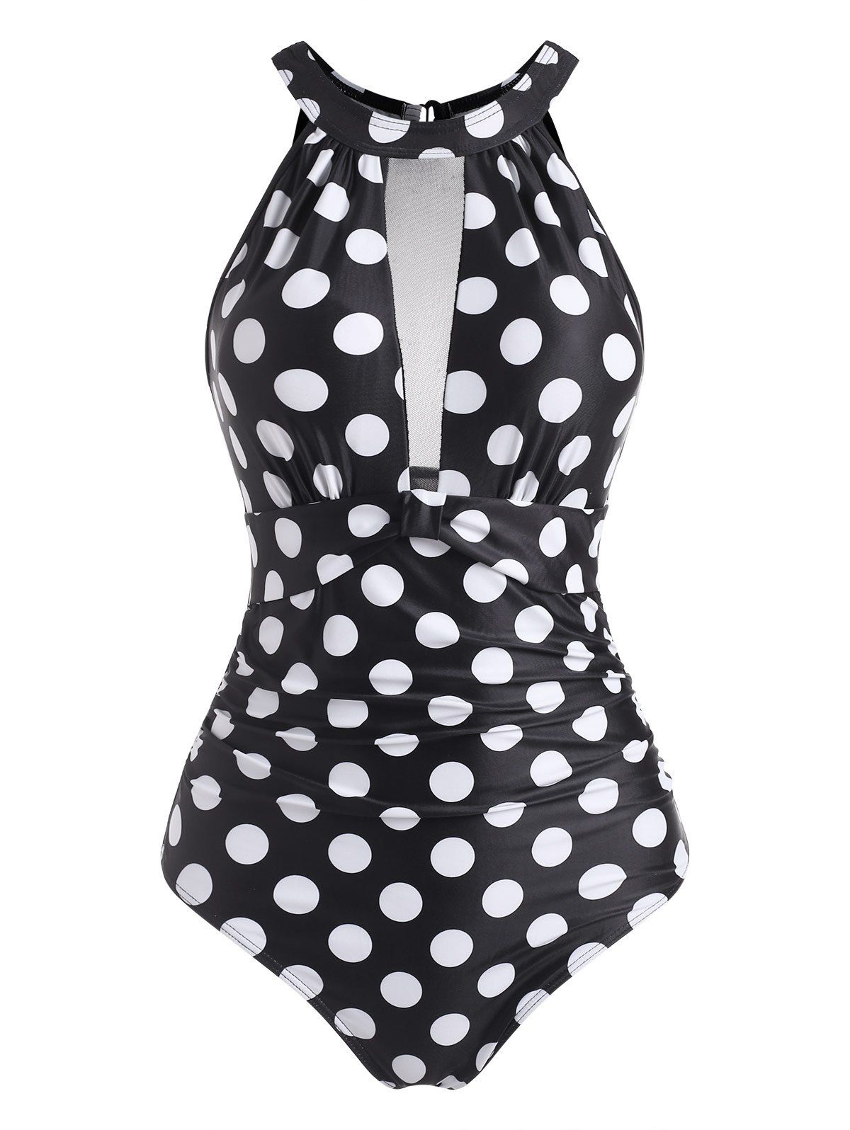 

High Neck Polka Dot Mesh Panel One-piece Swimsuit, Black