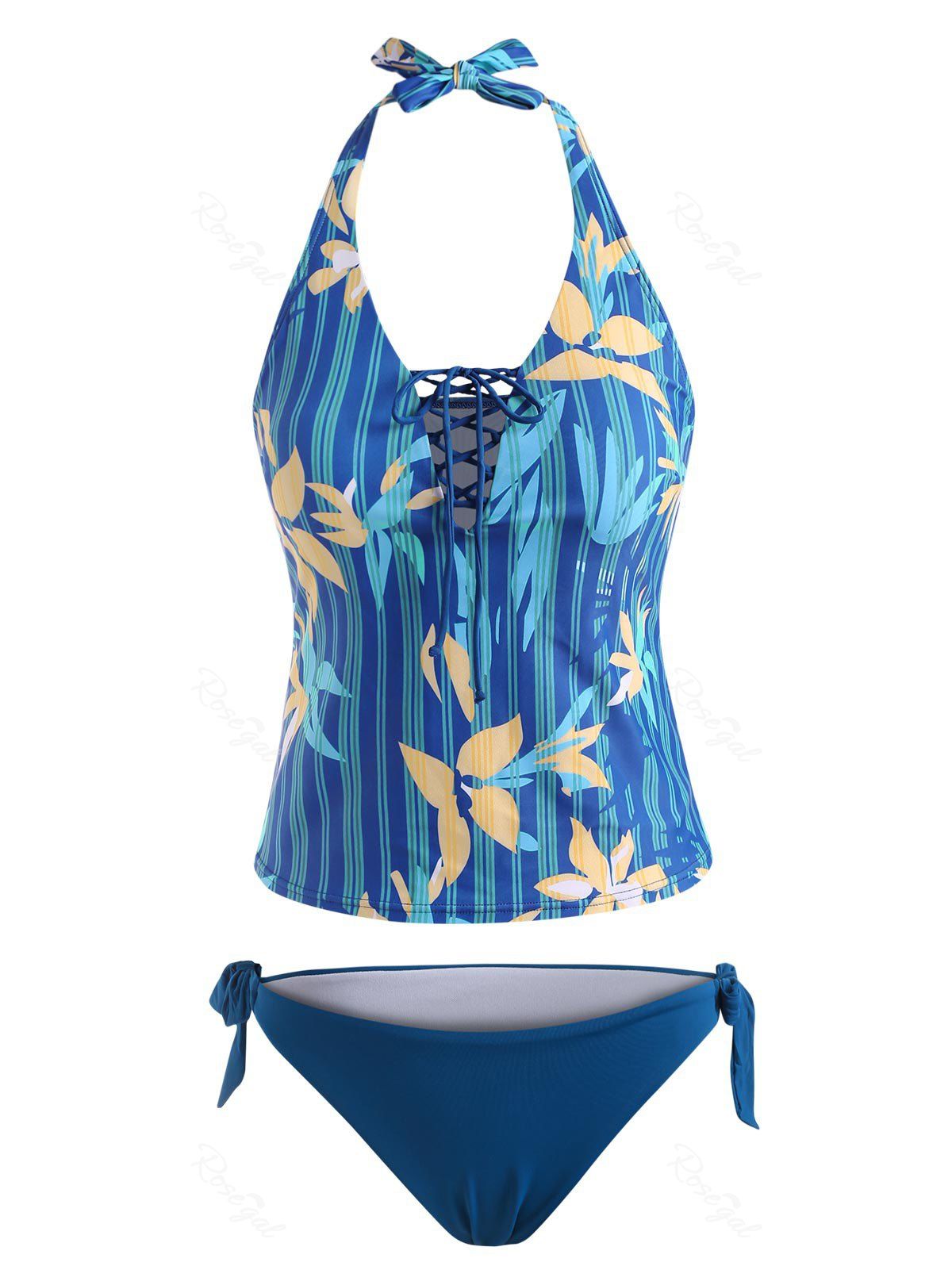 

Flower Striped Lace Up Halter Low Waisted Tankini Swimwear, Blue