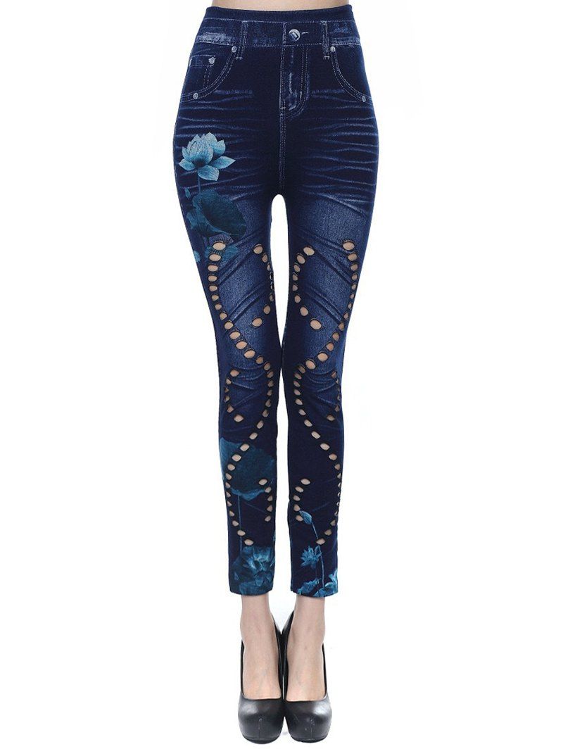 

3D Print Lotus Flower High Waisted Jeggings, Deep blue