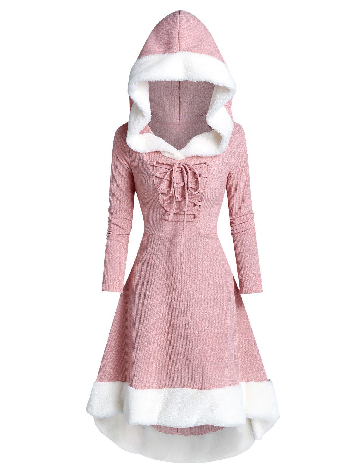 

Lace Up Hooded Marled Faux Fur Panel Dress, Pink