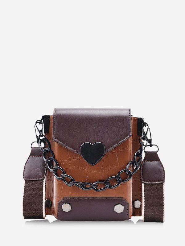 

Retro Heart Chain Colorblock Crossbody Bag, Brown