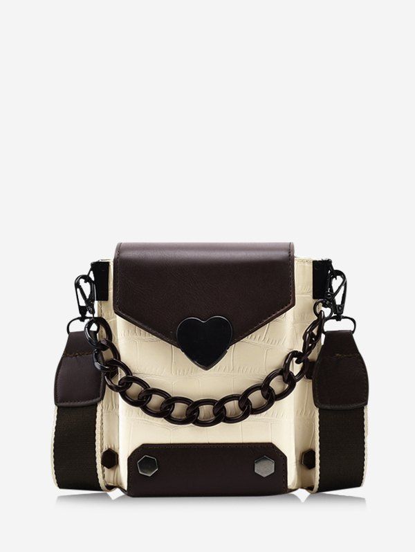 

Retro Heart Chain Colorblock Crossbody Bag, White