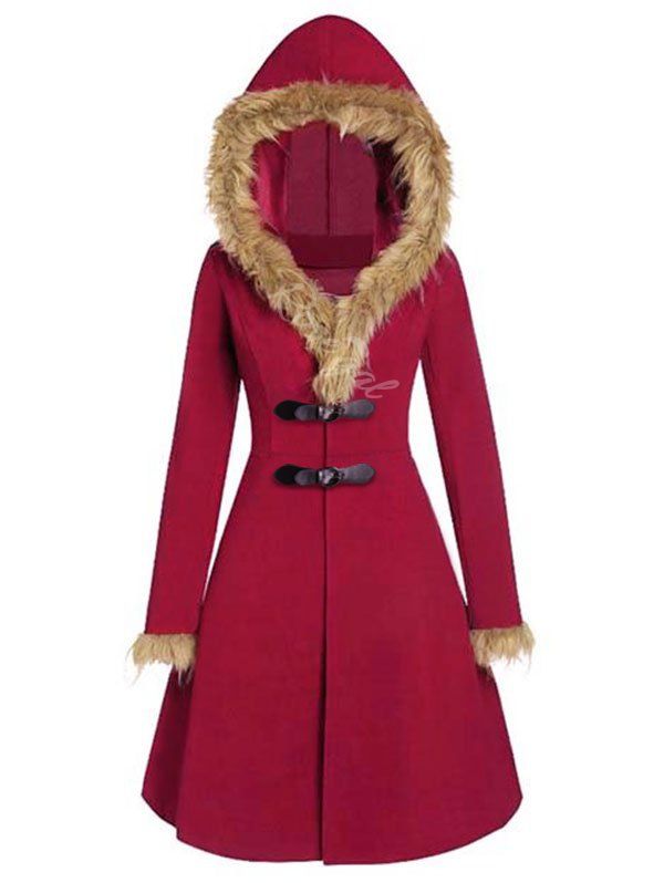 Shops Faux Fur Insert Buckles Long Wool Coat  