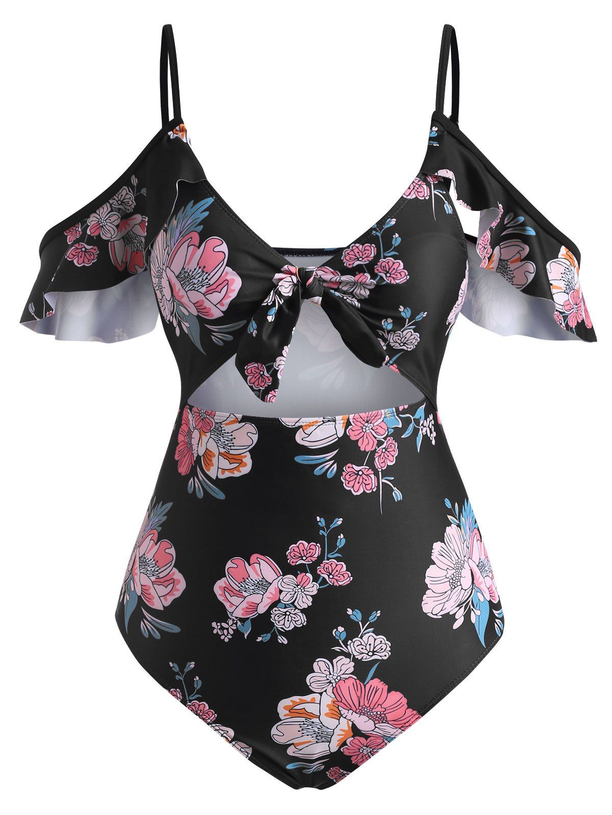 

Floral Knot Cutout Ruffle One-piece Swimsuit, Black