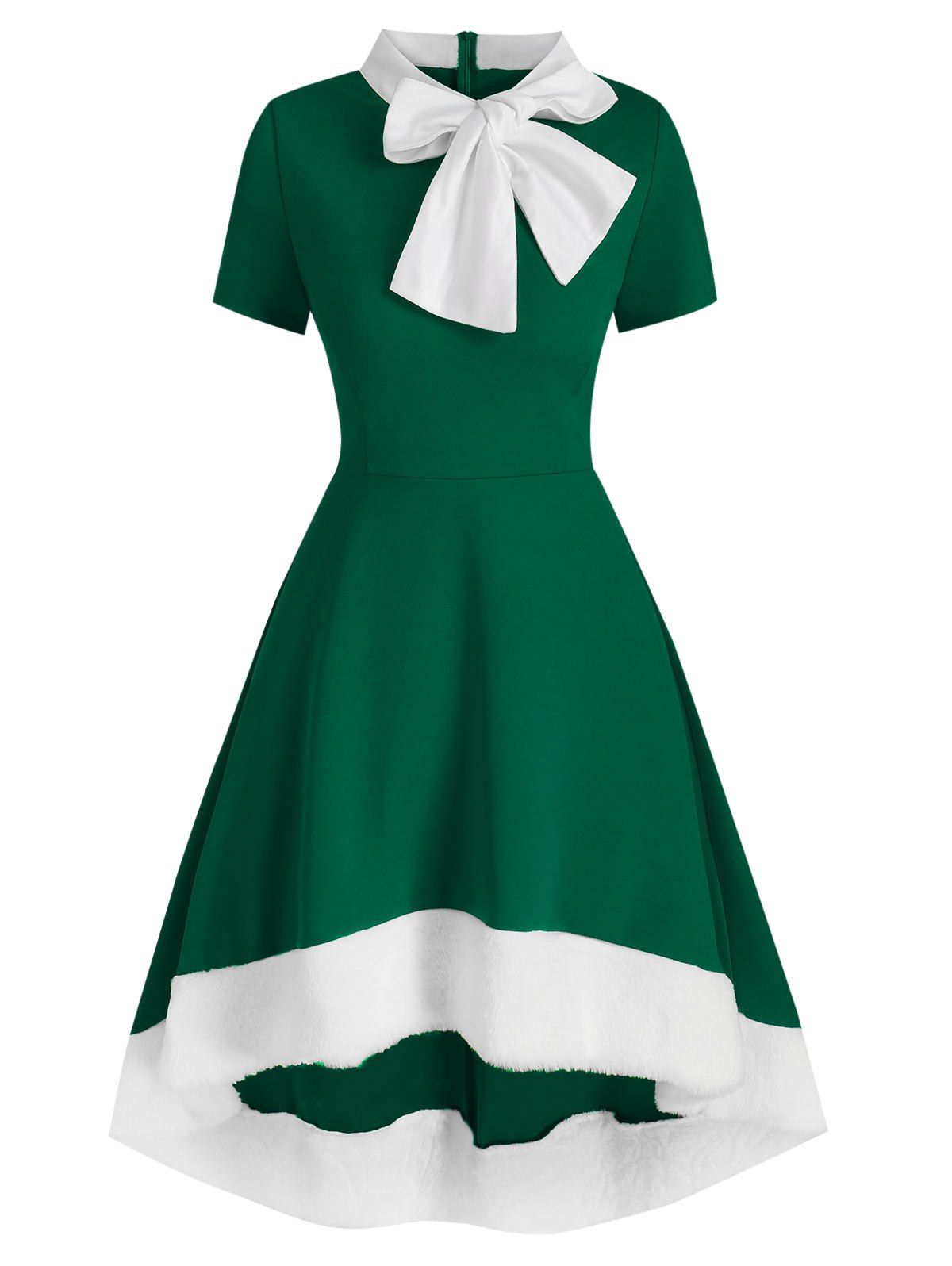 

Christmas Bow Tie Collar Faux Fur Panel Dip Hem Dress, Jungle green