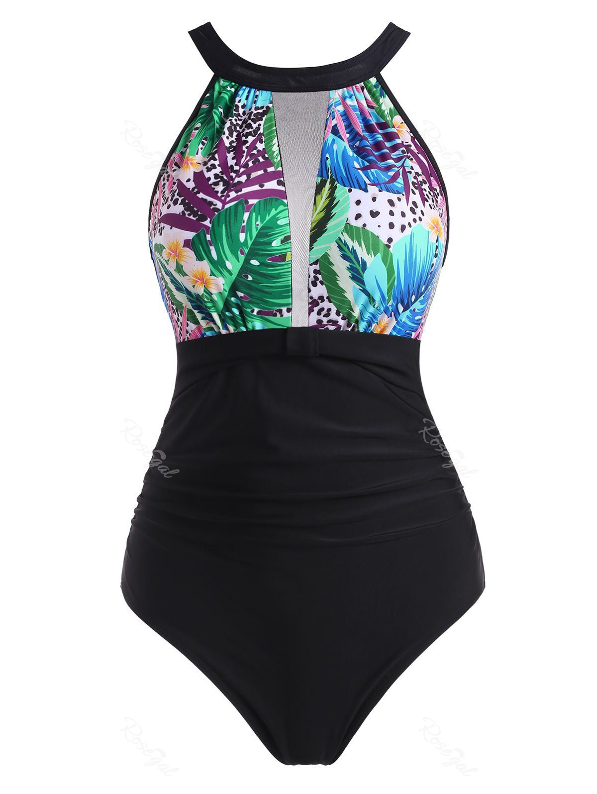 

High Neck Leopard Leaf Print Mesh Panel Knot One-piece Swimsuit, Black