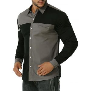 

Zipper Detail Button Up Contrast Shirt, Gray