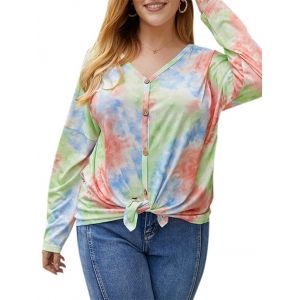 

Plus Size Drop Shoulder Button Up Tie Dye T Shirt, Green