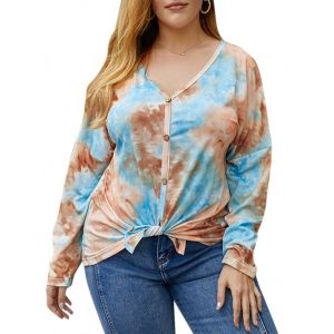 

Plus Size Drop Shoulder Button Up Tie Dye T Shirt, Light coffee