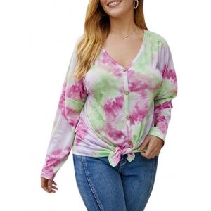 

Plus Size Drop Shoulder Button Up Tie Dye T Shirt, Light pink