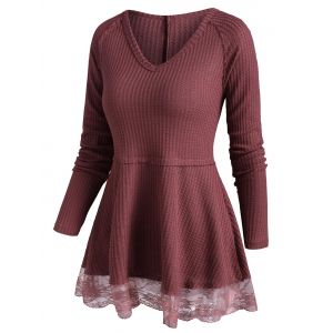 Lace Sheer Hem Raglan Sleeve Tunic Knitwear, Deep red