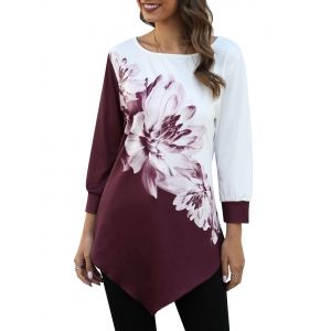 

Colorblock Flower Asymmetrical Longline T Shirt, Concord