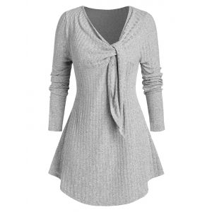 

Plus Size Wide Rib Twist Knot Curved Hem Knitwear, Light gray