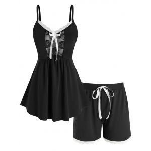 

Plus Size Lace Panel Tie Bowknot Cami Pajamas Set, Black