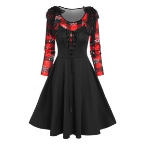 

Christmas Snowflake Plaid Print Bowknot Lace-up Dress, Black