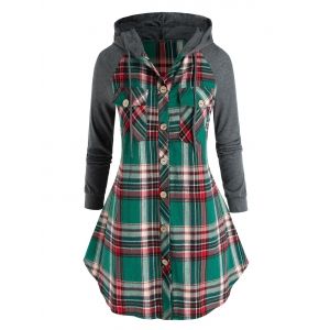 

Plus Size Hooded Plaid Pocket Button Up Tunic Blouse, Sea green