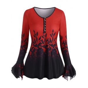 

Loop Button Flower Print Ruffle Cuff Top, Red